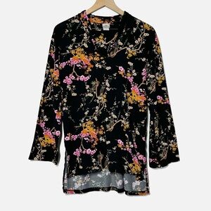 Natori Cherry blossoms print soft kimono tunic top Asian inspired black pink M